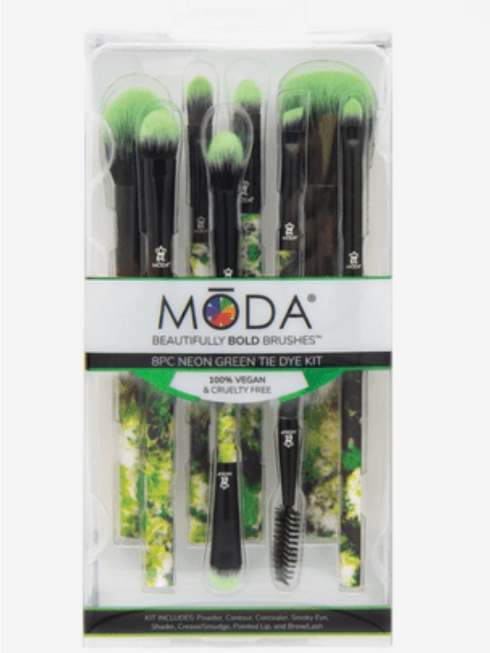MODA Neon Green Tie Dye 8pc Makeup Brush Set Vegan NWT